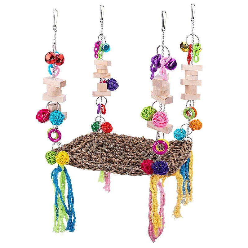 

Bird Parrot Foraging Wall Mat Toys, Edible Seagrass Bird Swing Mat With Colorful Chewing Toy Activity Wall Mat Swing Toy