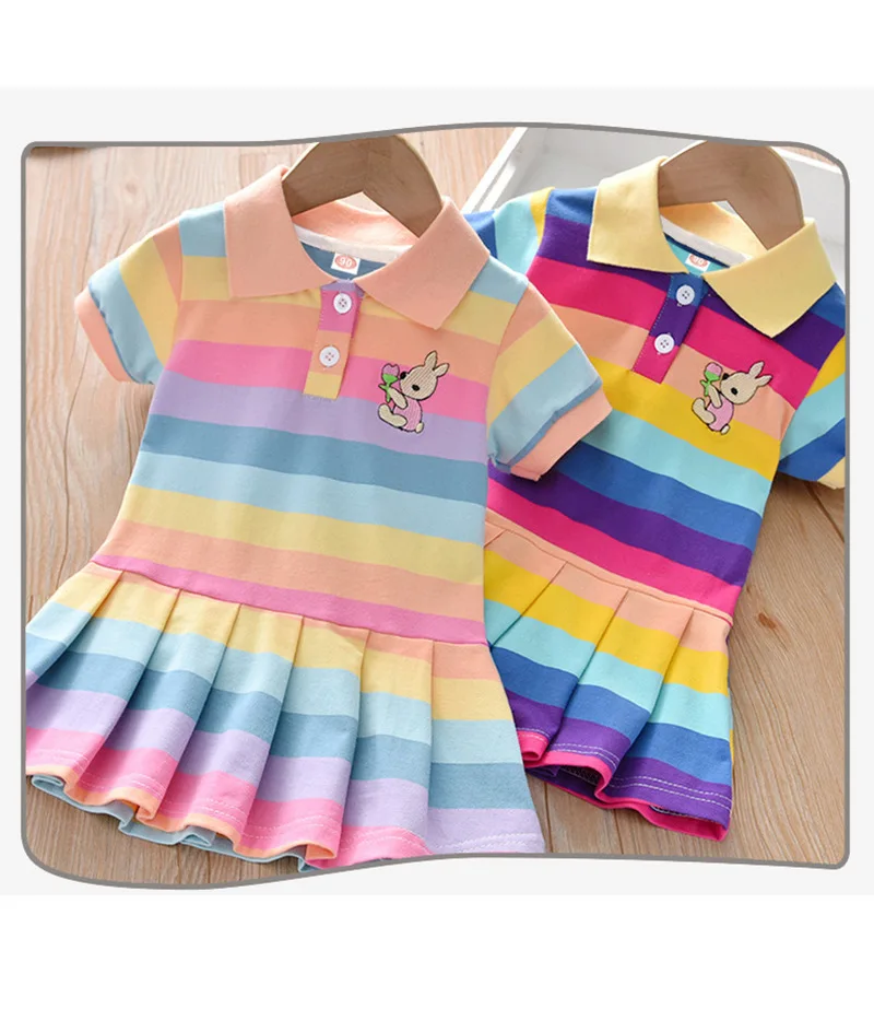 

Girls Summer Dress Student Children's Polo Shirt Color Red Strip Short-sleeved Skirt Shirt Baby