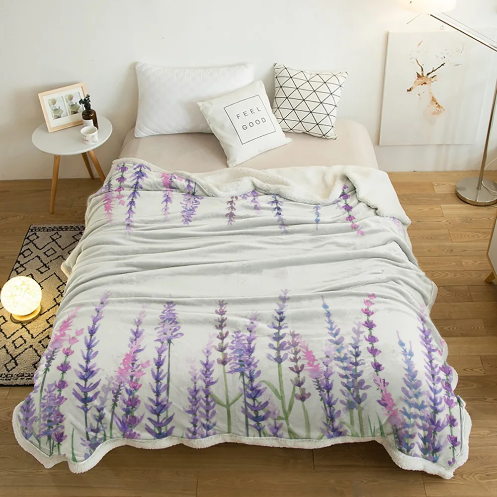 

Plant Purple Lavender Watercolor Flower Lamb Cashmere Fleece Blanket Home Bed Sofa Winter Sherpa Bedding Kids Thick Bedspread