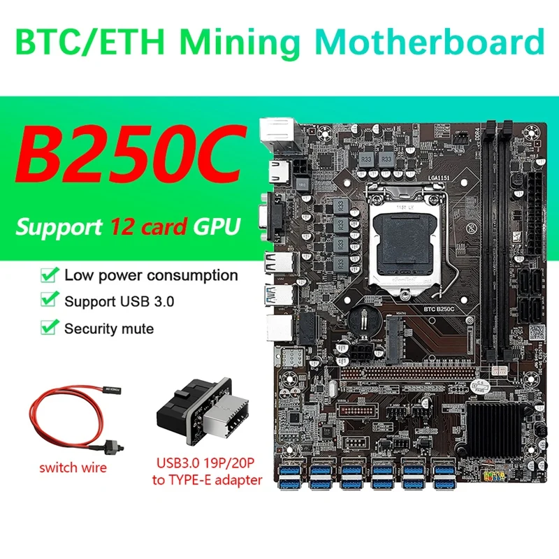New 12 Card B250C BTC Mining Motherboard+USB3.0 19P/20P To TYPE-E Adapter+Switch Cable 12USB3.0(PCIE) LGA1151 DDR4 MSATA