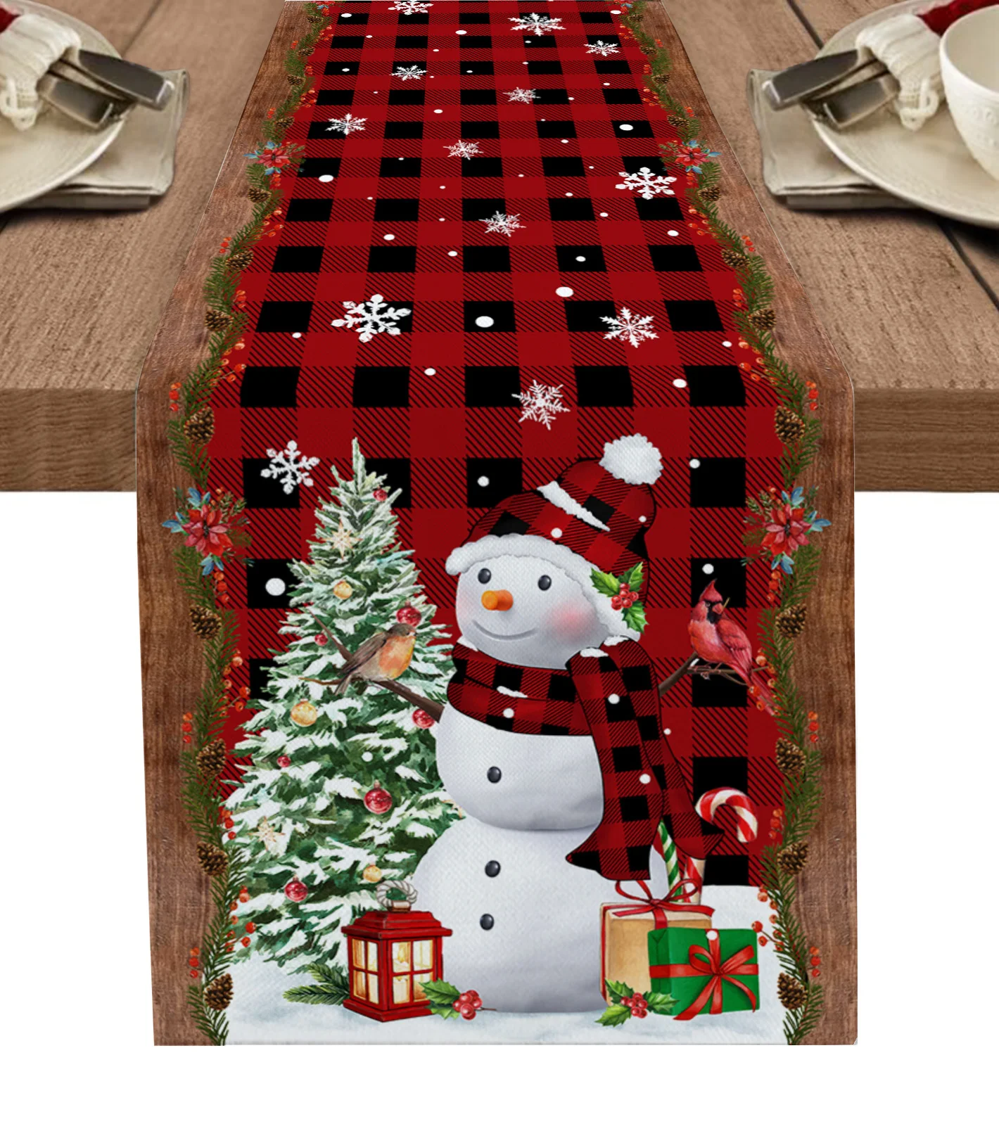

Christmas Snowman Snowflake Plaid Decoration Table Runner Wedding Party Decorations Living Room Dining Table Accessories