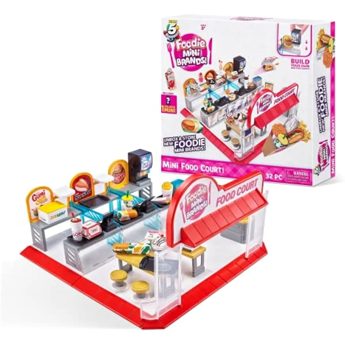 

5 Surprise Foodie Mini Brands ZURU Mini Food Court Playset 32 Pieces to Build + 1 Exclusive Mini, Miniature Collectible Toys