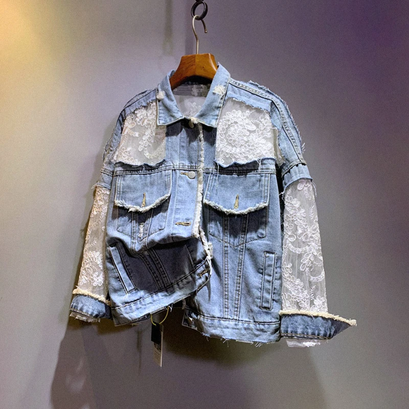Harajuku винтажная кружевная джинсовая куртка с цветочным принтом и потертыми