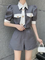 summer korean ol 2 piece set women necktie shirt blouse crop top shorts suits contrast color pants suits fashion two piece set