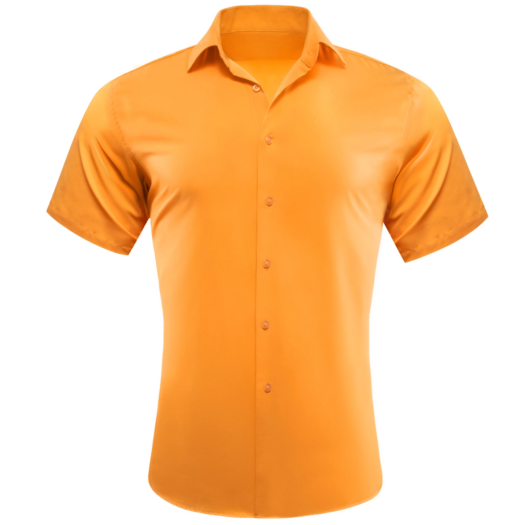 

Designer Shirts for Men Short Sleeve Summer Orange Solid Silk Slim Fit Male Tops Casaul Turn Down Collar Blouse Barry Wang