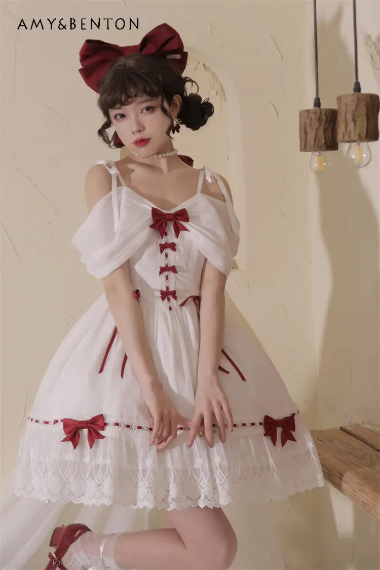 Women's Off-Shoulder Bow Op Dress High Waist A Line Japanese Style Short Dress Female Sweet Cute White Wine Red Dress