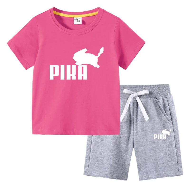 

MINISO Pikachu Summer T-shirt Children's Clothing Ins Korean Version Cotton Children's Short-sleeved Pants Two-piece Suit