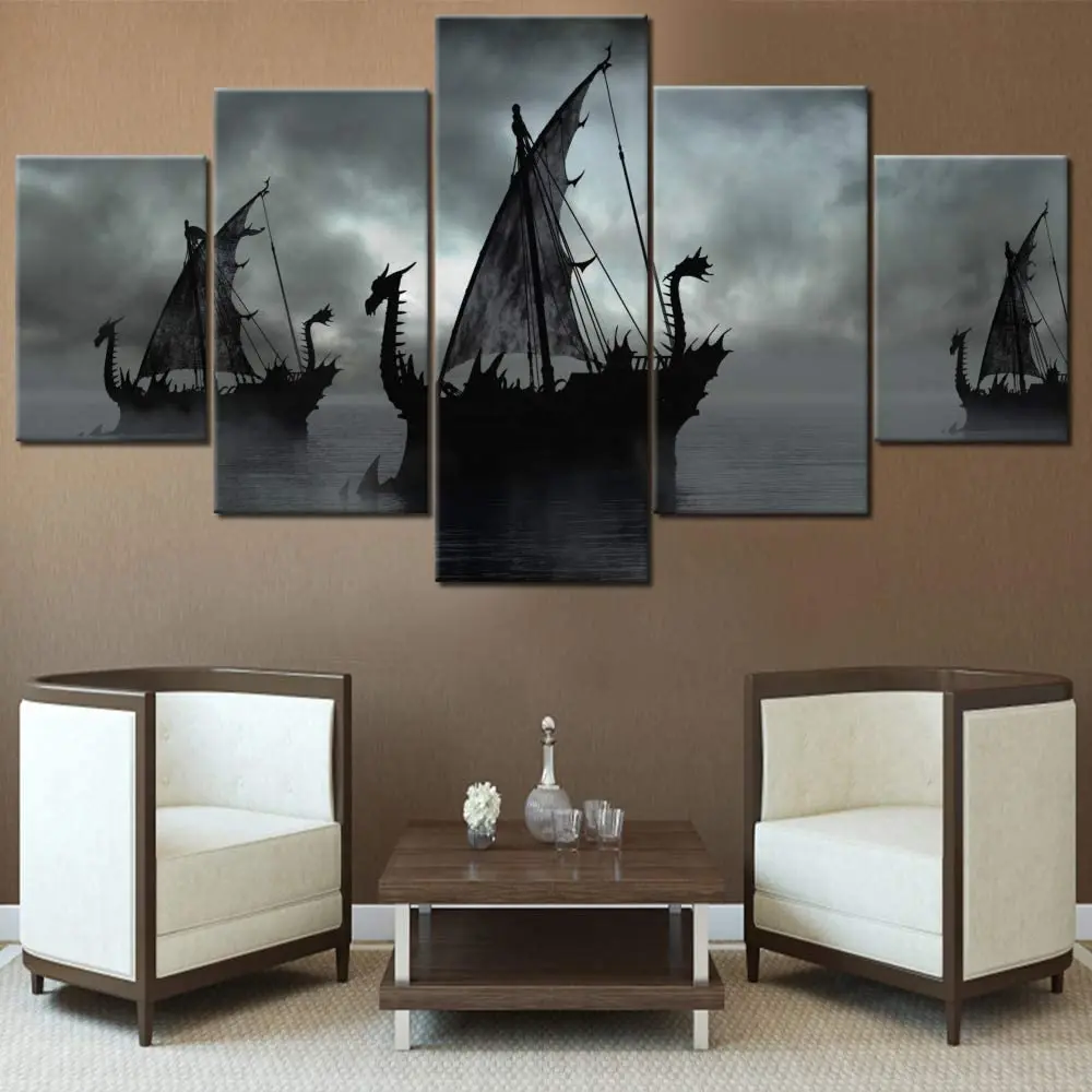 

Black and White Viking Ship Ocean Sailing Boat 5Pcs Wall Art Canvas Poster Paintings Living Room Home Decor Picture Decoration