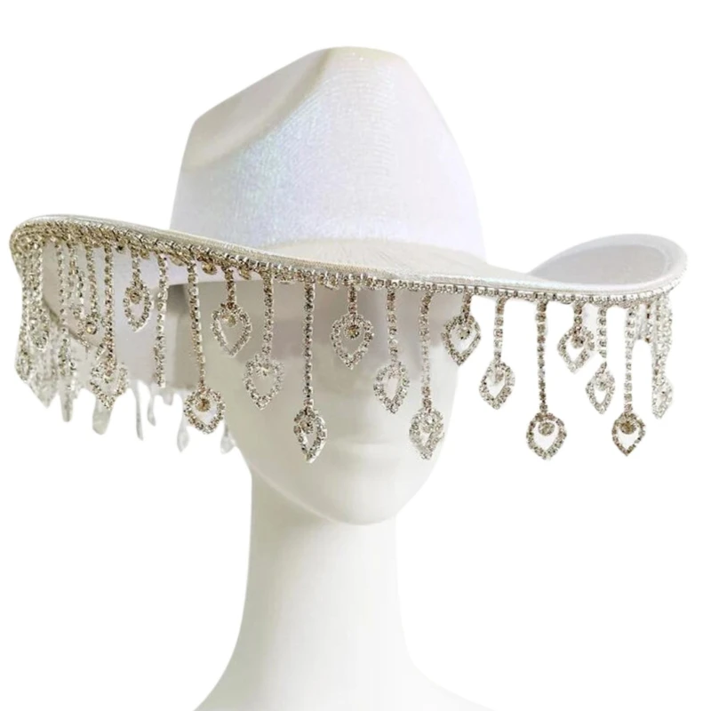 

652F Cowgirl Hat Shining Fringe Hat Western Hat Elegant Tassels Jazz Hat Photo Props Glinting Crystal Fringe for Stage