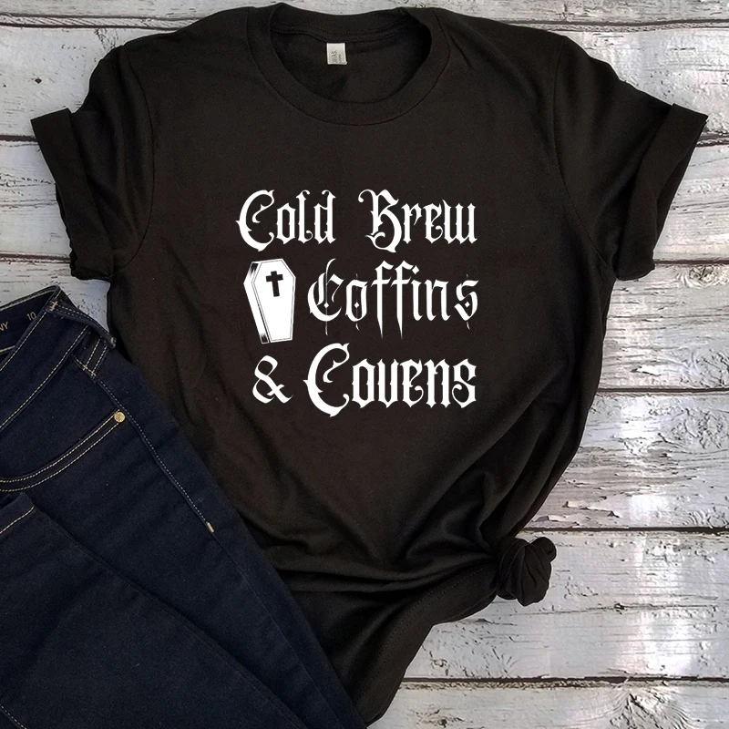 Cold Brew Coffins Graphic T Shirts Aesthetic Halloween 2022 Women Fashion Clothing Fall Skull Shirt Tops Witch Tees L |