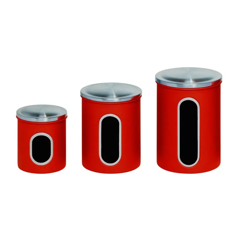 

Stunningly Stylish Three-Piece Stainless Steel Nesting Kitchen Canister Set with Red Lids - Perfect Home & Office Kitchen Organi