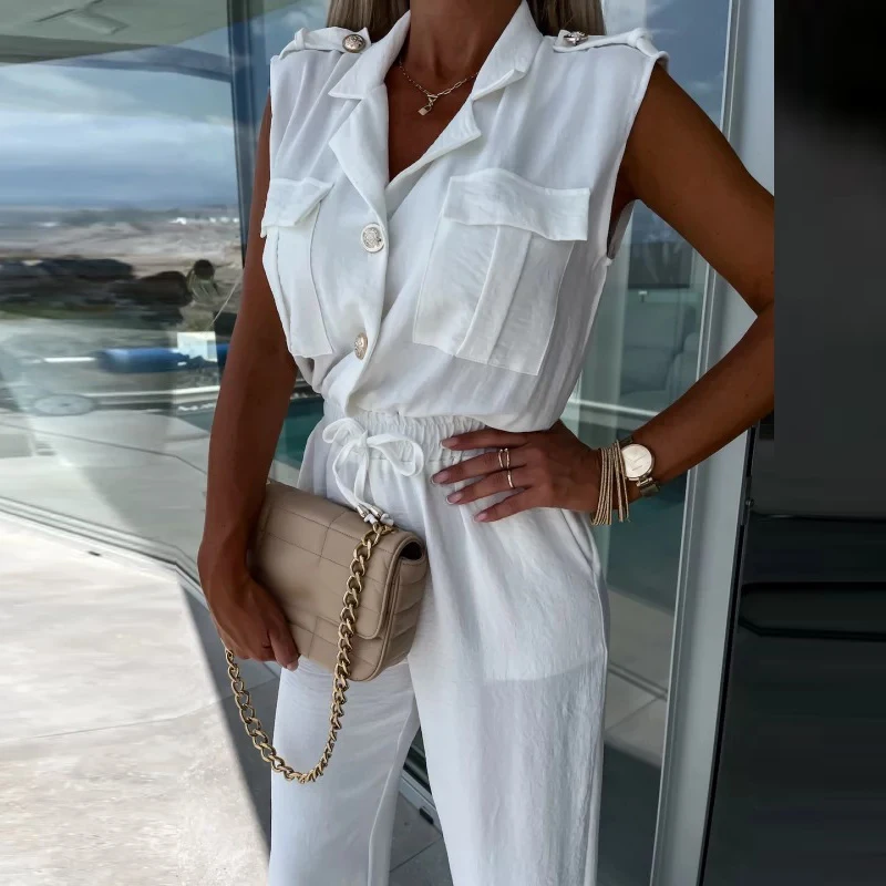 

Модные женские комбинезоны без рукавов с отложным воротником и длинными брюками, винтажный женский летний повседневный комбинезон со шнуровкой на талии