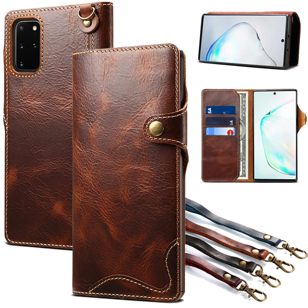 Luxury Genuine Leather Flip Case For Samsung Galaxy Note 20 10 S23 S22 S21 S20 S10 Plus Ultra S10E Wallet Cover Wrist Strap Etui