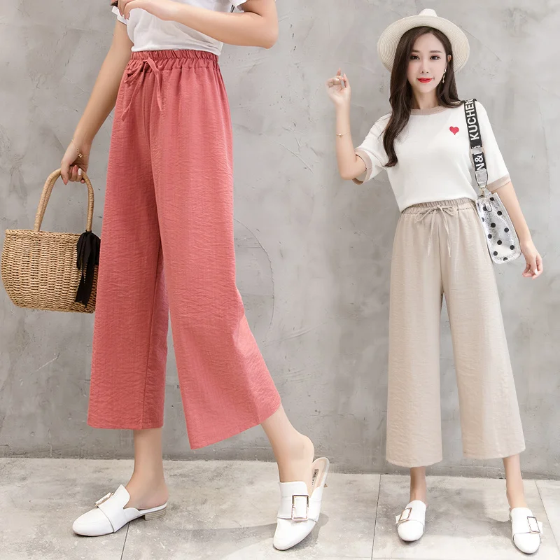 

Casual Cotton Line Wide Leg Pants Women Summer Korean Fashion High Waist Nine Points Trousers Solid All Match Baggy Streetwear