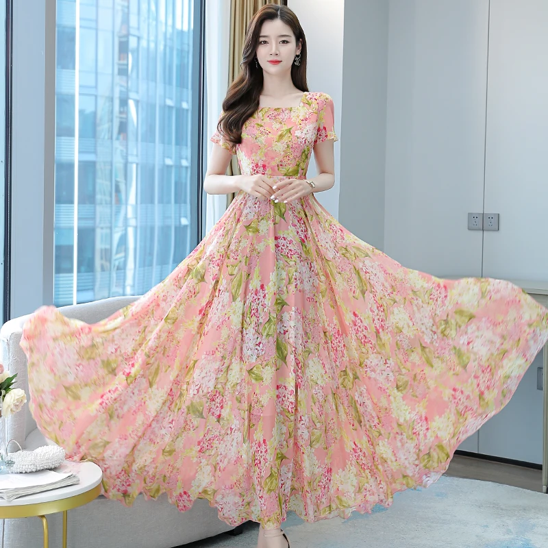 

2022 Summer Boho Beach Maxi Dress Women Casual Pink Print Short Sleeve Chiffon Long Dresses Elegant Bodycon Sexy Party Vestidos