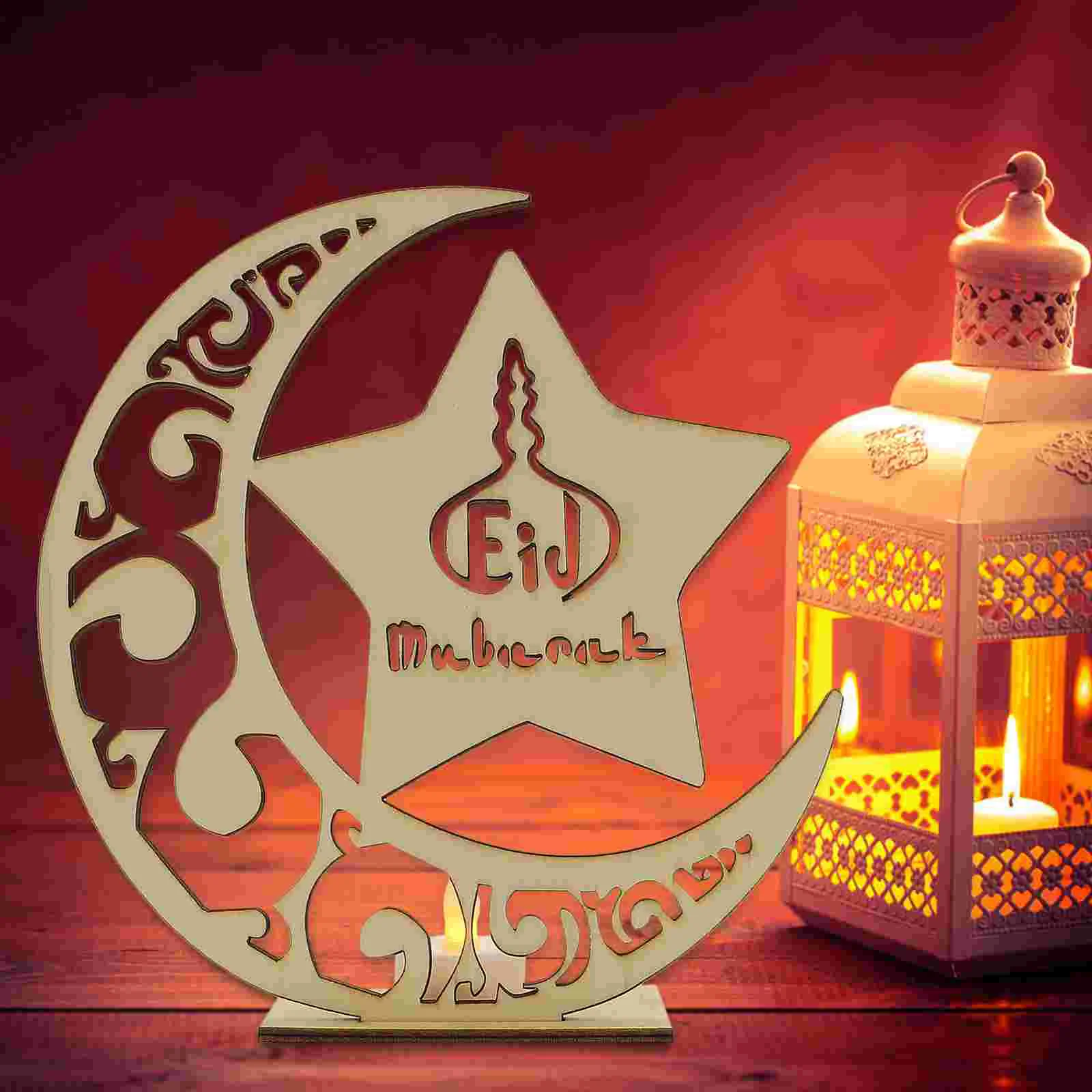 

Ramadan Festival Lamp Adorn Wood Moon Star Eid Light Decor LED Candle Lamp