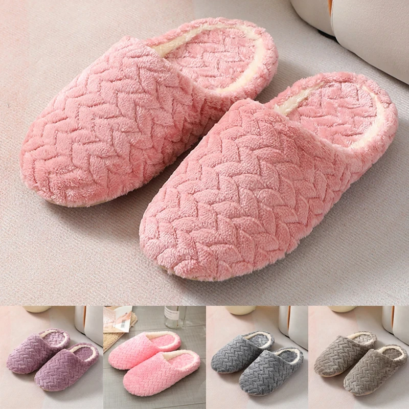 

A604zxw Indoor Slippers Autumn Winter Warm Plush Home Shoes Woman House Flat Floor Soft Slient Slides Bedroom Pure Color
