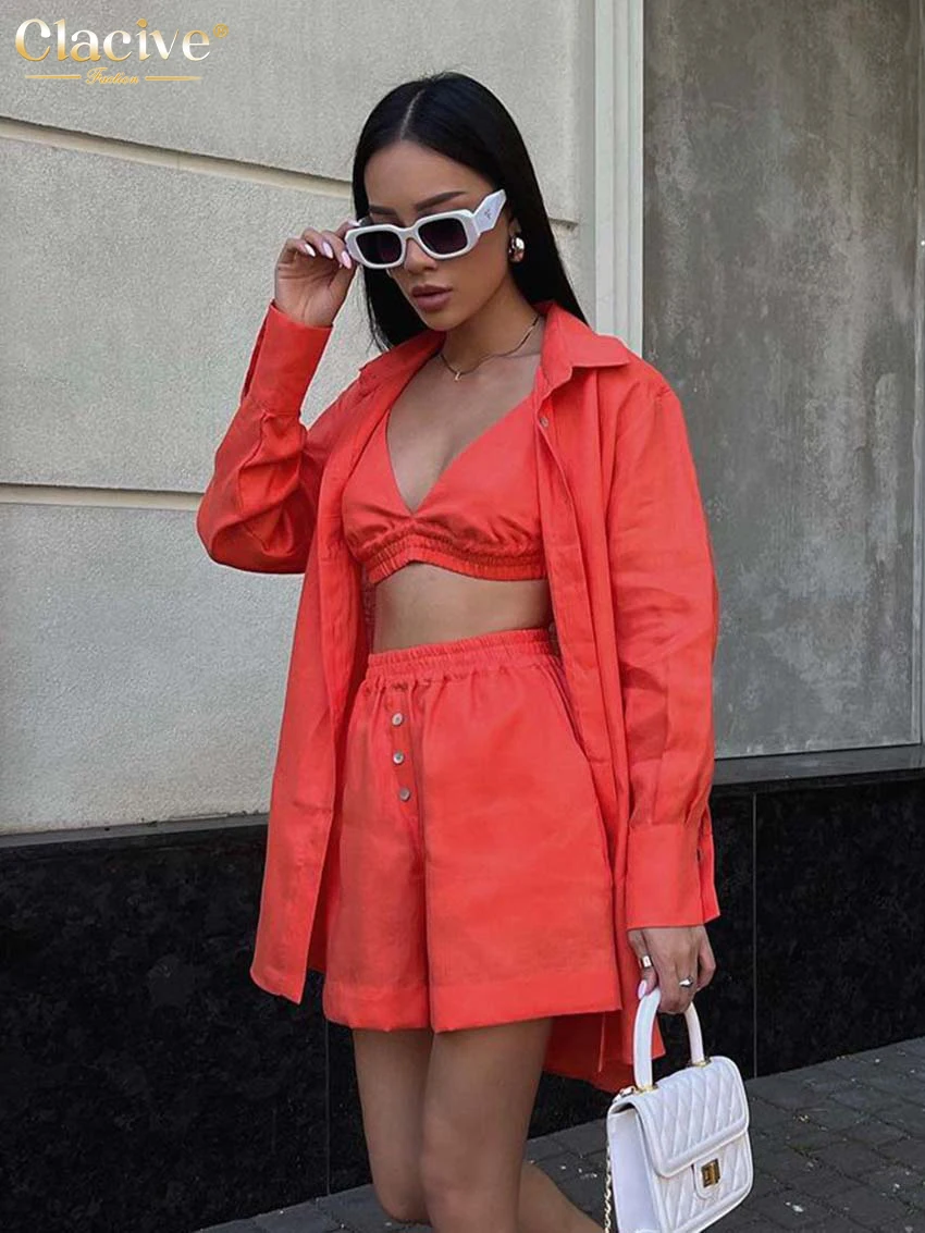 

Clacive Fashion Long Sleeve Blouse White Tank Top 3 Piece Sets Womens Outfits Autumn Casual Orange Linen High Waist Shorts Set