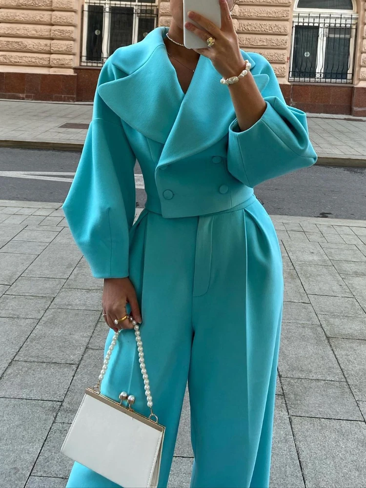 

LY VAREY LIN New Autumn Winter Women Fashion Woolen Two Piece Set Lapel Double Breasted Short Top+High Waist Straight Long Pants