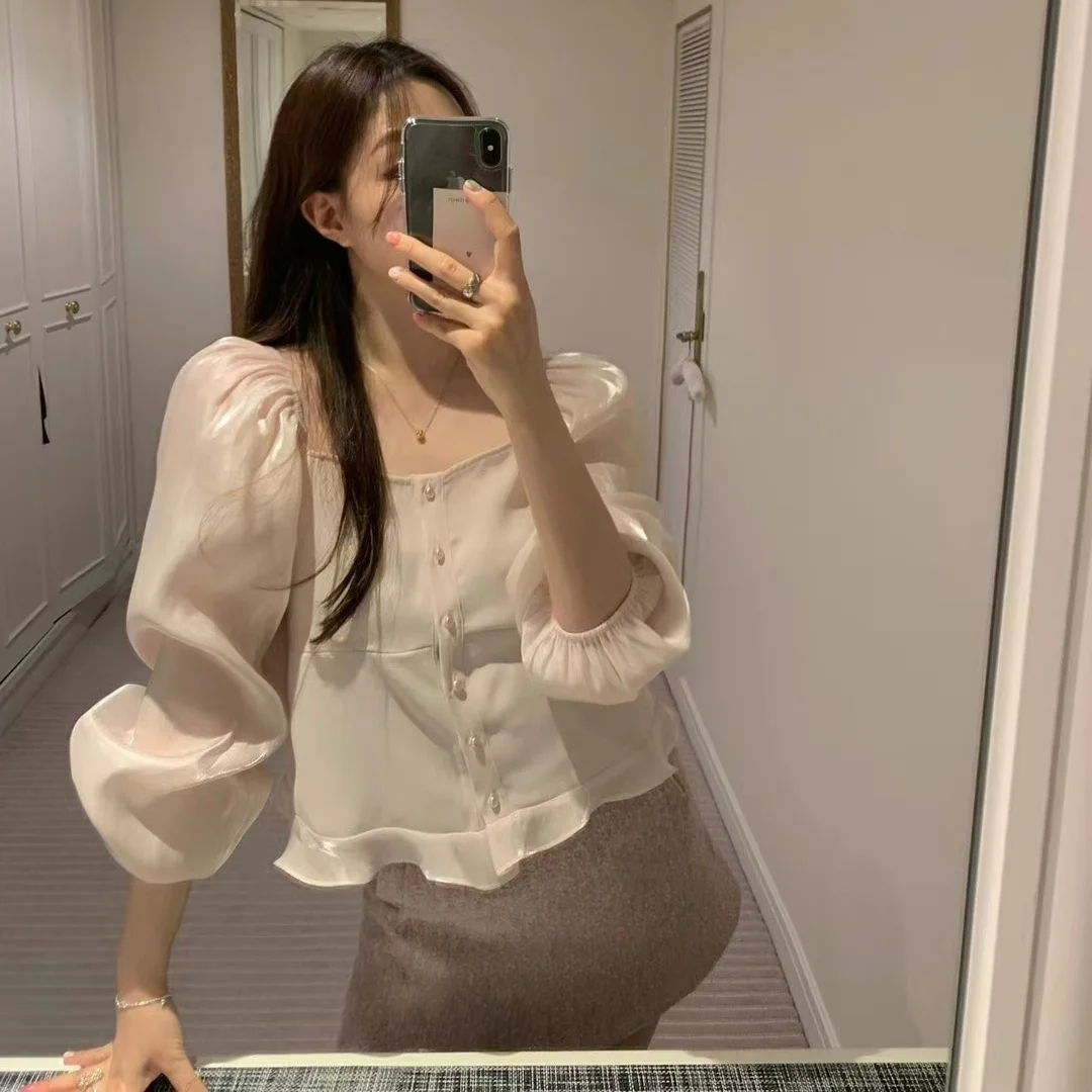 Корейская модная женская блузка с квадратным воротником и пуговицами