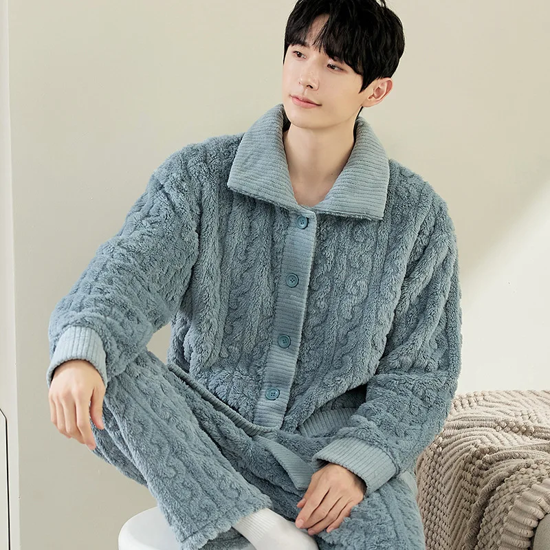 Winter Pajamas Men Thick Coral Fleece Pajama Sets Keep Warm Sleepwear Flannel Mens Pyjamas Sets Casual Home Clothes