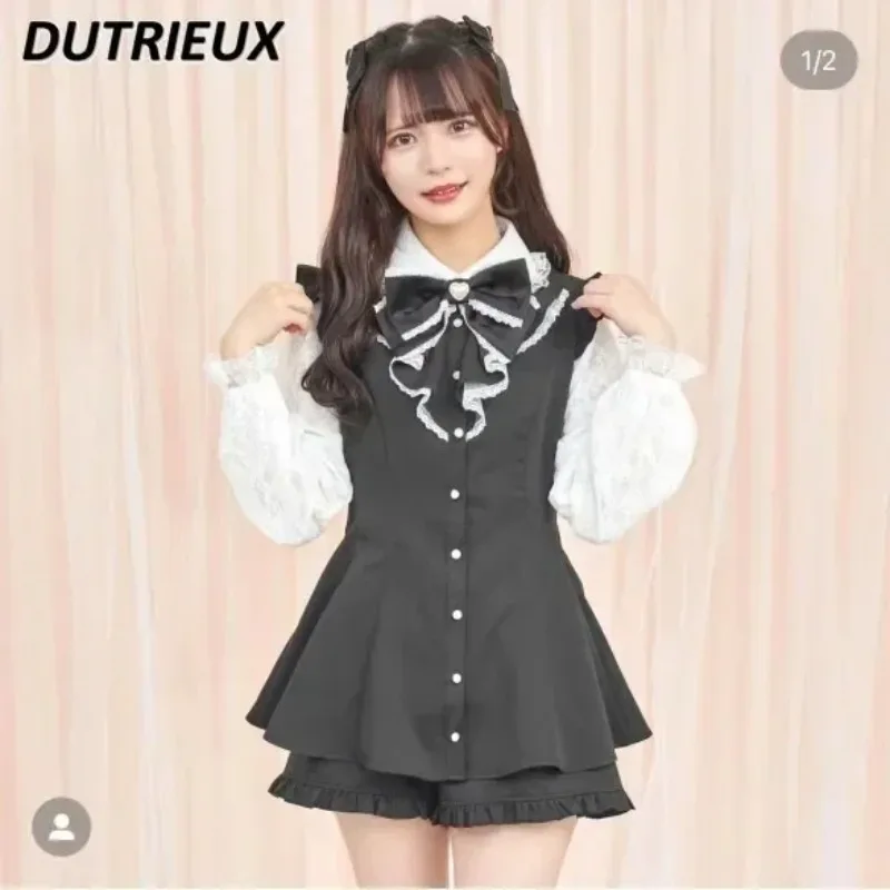 Фото Japanese Lolita Sc Suit Long-sleeved Bow Tops Lace Splicing Slimming Shirt and Leggings Shorts Sweet Cute Girls Two Piece Set №3