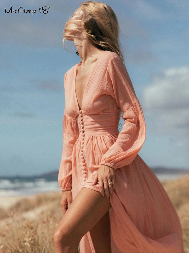 

Mnealways18 Puff Sleeves Sexy Ladies Midi Dress Low Cut Holiday Casual Soft Button Dress Ruched Women Autumn Crepe Party Dresses