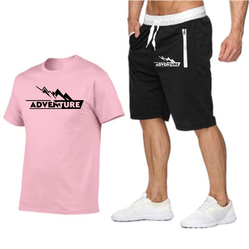 Summer ADVENTURE Tracksuit Set Men T Shirt+Shorts Sets Summer Sportswear Jogging Pants Streetwear Harajuku Tops Tshirt Suit