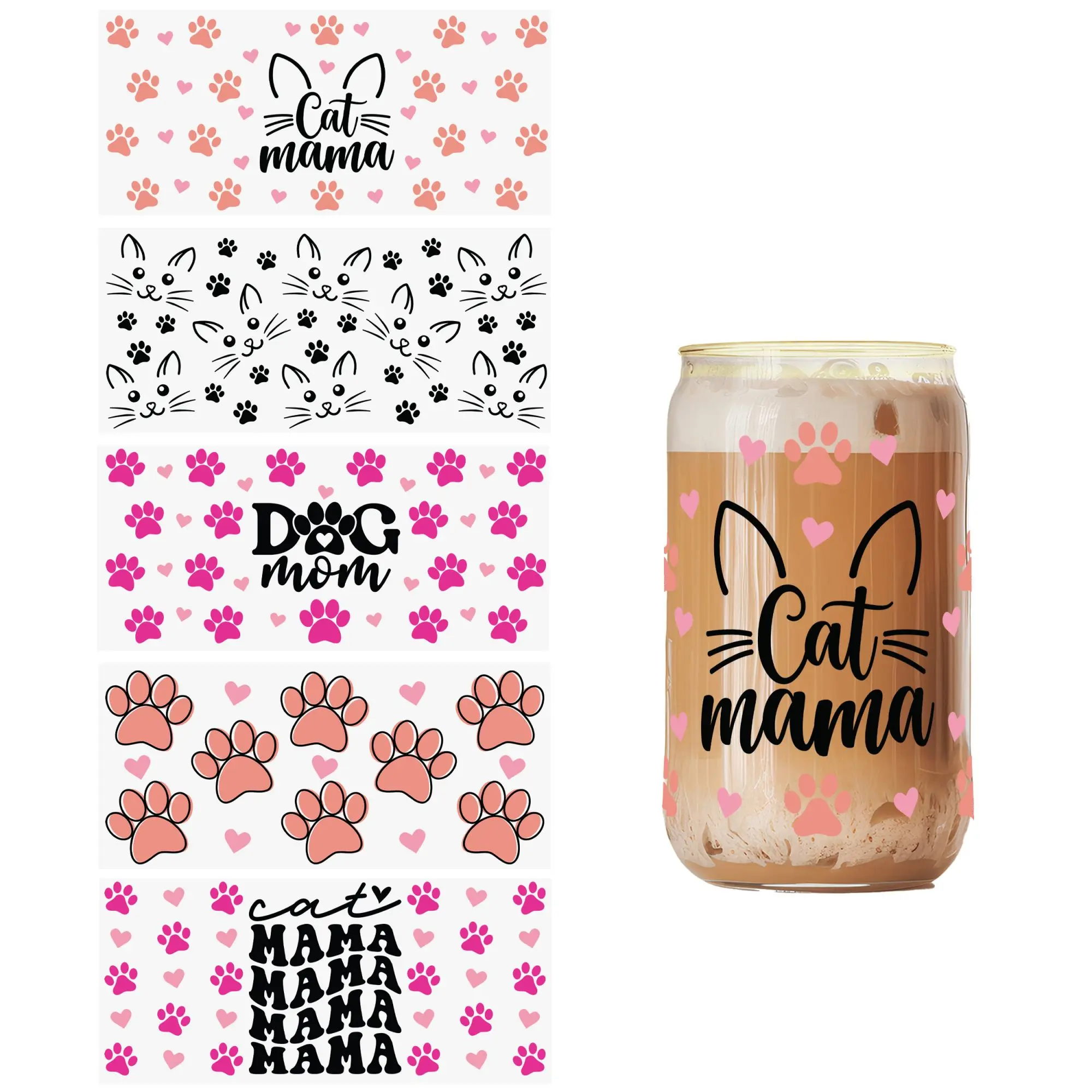 5 шт. обертывания UV DTF: милые кошки собаки мамочки для домашних животных