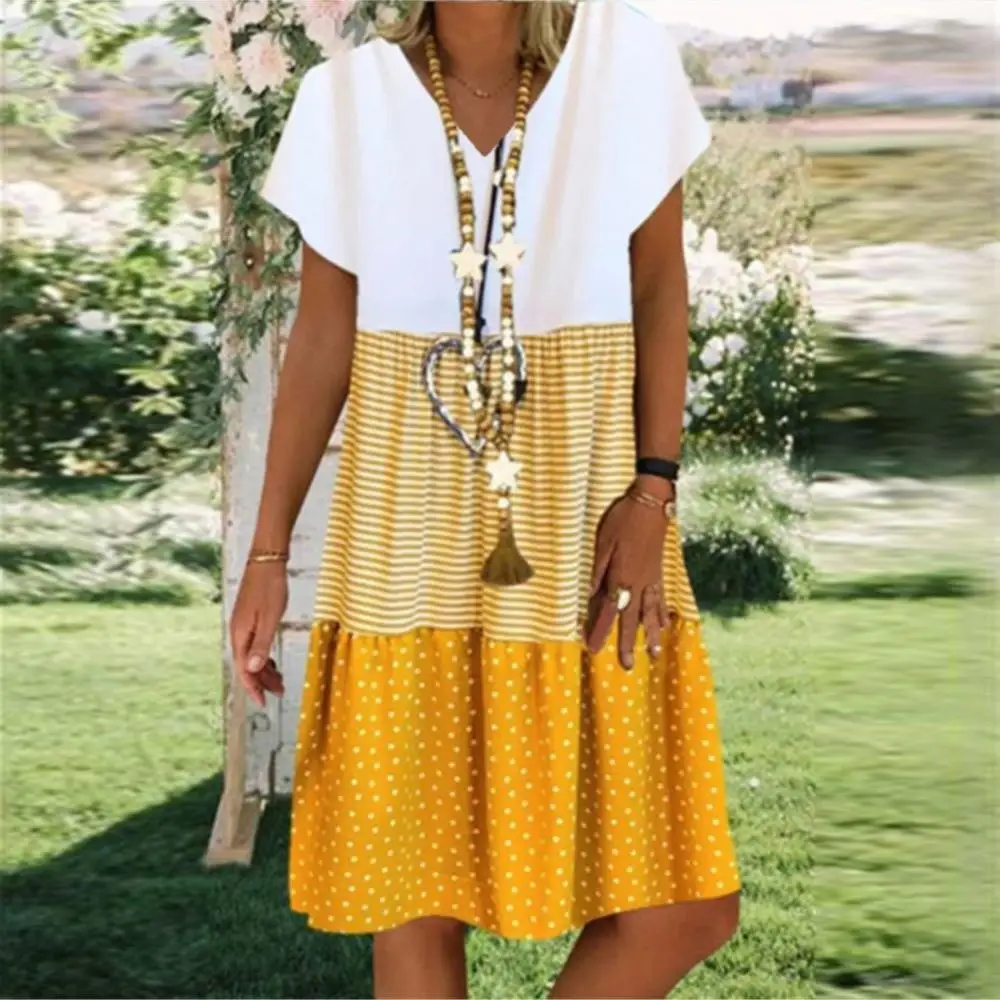 

Women Boho V Neck Short Sleeve Stripes Dots Patchwork Loose Knee-length Dress