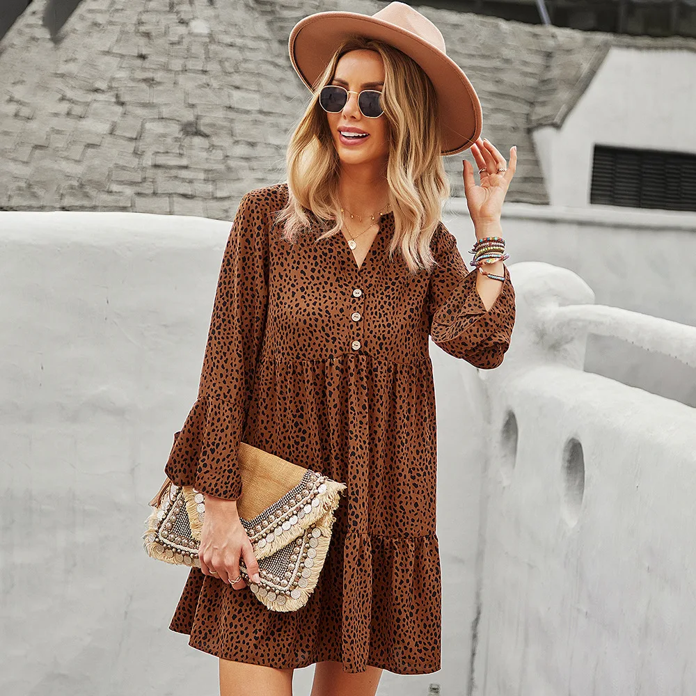 Loose Skirt Women's Long Sleeve Leopard Print Sexy Dress Summer Good-looking Free Shipping Promotional High Quality | Женская одежда