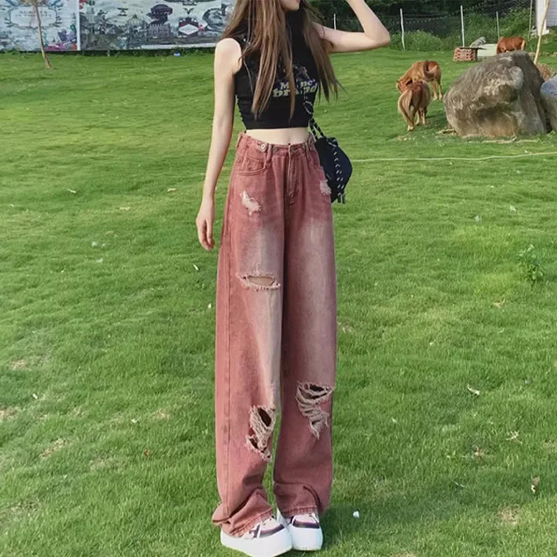 Streetwear Vintage High Waist Female HOLE Denim Trousers Summer New Fashion Loose Distressed Wide Leg Pants Women's Clothing