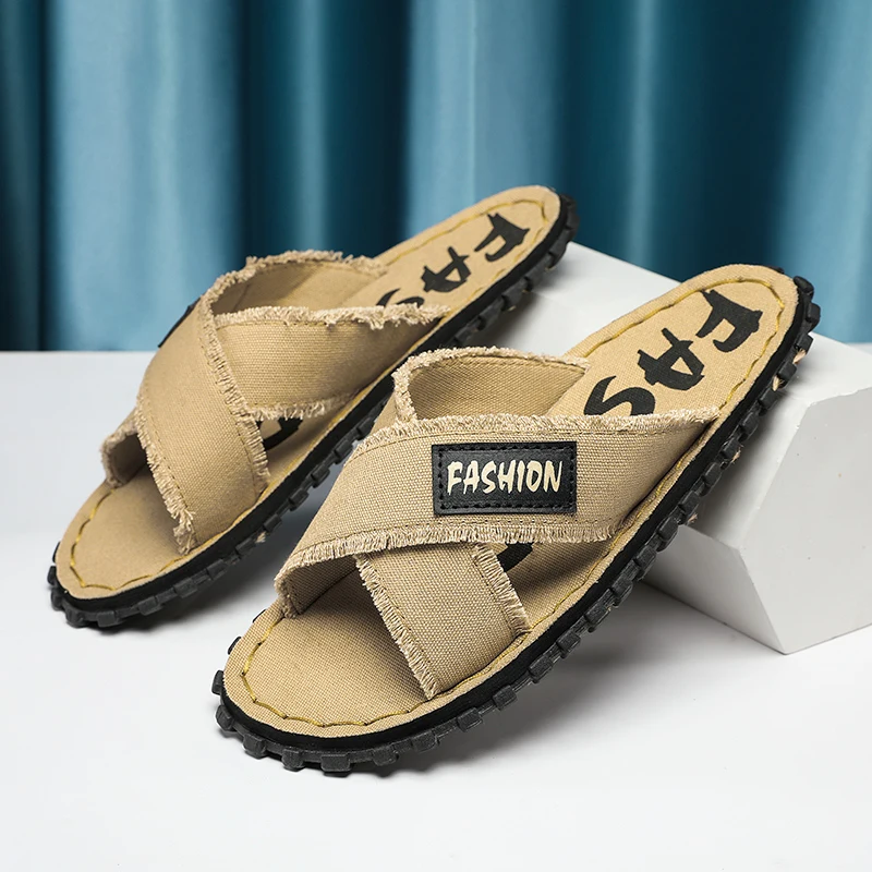 

Men Summer Mesh Slippers Fashion Fabric Home Men's Slippers Outdoor Rubber Flat Men Sandals Casual Slides House Floor Slippers