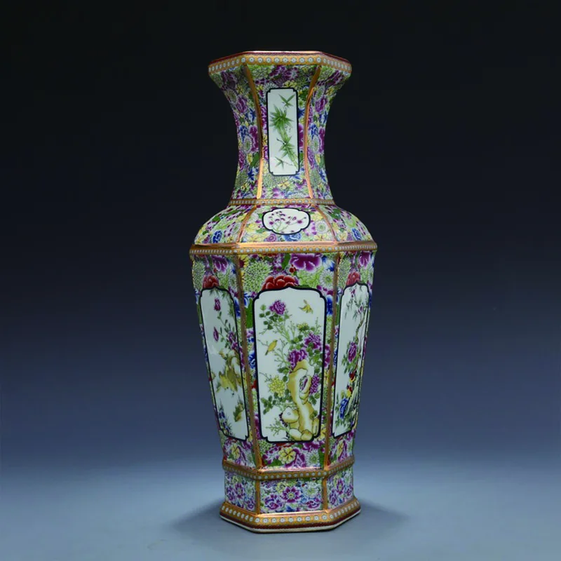 

Jingdezhen Antique Qianlong Year Mark Enamel Golden Hexagonal flowers and birds vase antique porcelain collection