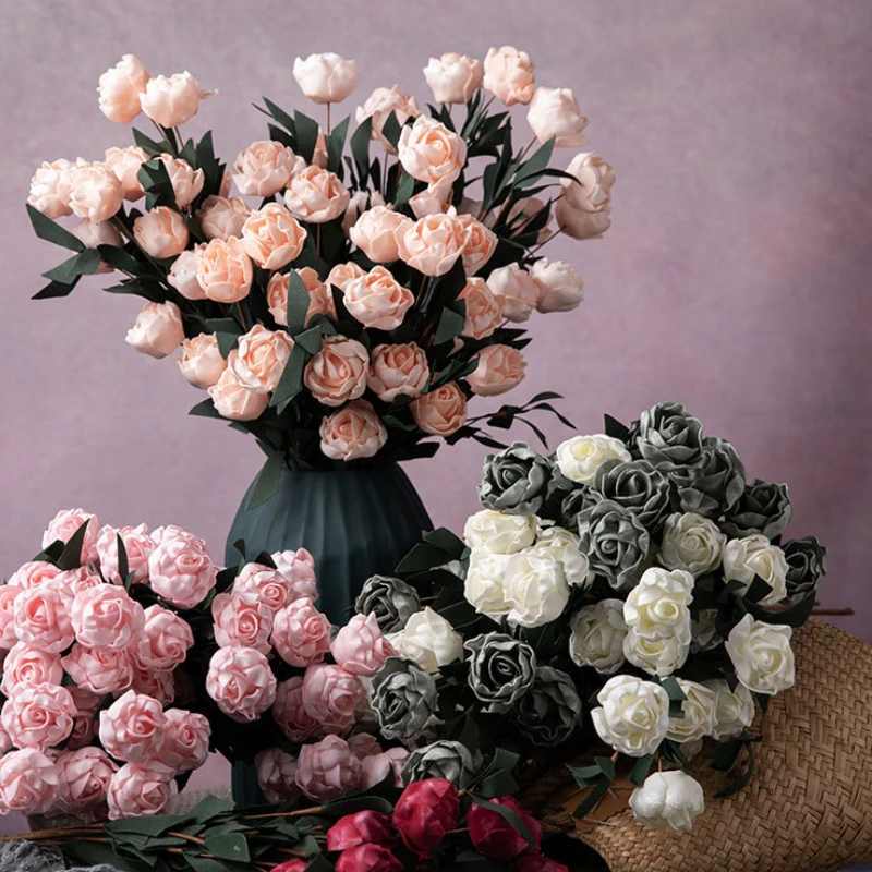 

6 Heads / Bouquet small bud roses bract artificial flower silk rose DIY wedding home Christmas decor flowers rose gift