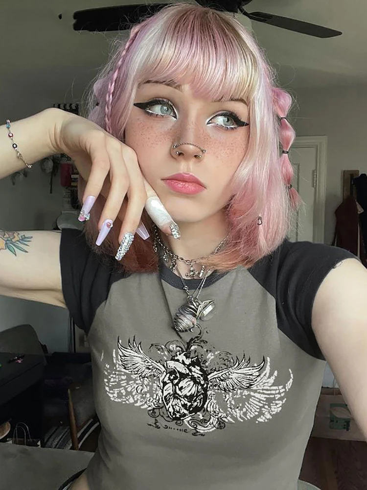 

2022 New Casual Emo Print Aesthetic Women T-shirts Gothic Retro Short Sleeve Bodycon Crop Tops Color Match Summer 90 Streetwear