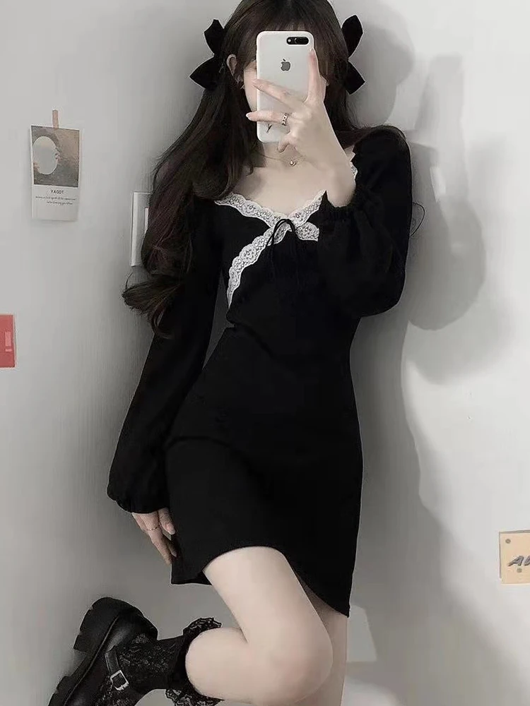 

Весна 2023, Черное короткое платье, женские кружевные дизайнерские платья Y2k с длинным рукавом, женская дизайнерская пикантная одежда, корейская мода