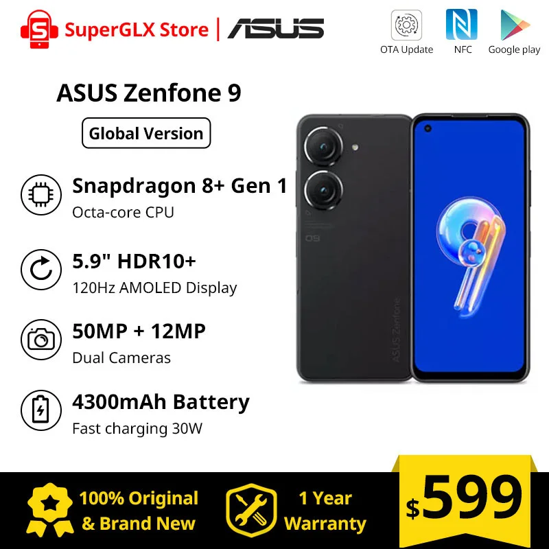 Original ASUS Zenfone 9 5G Smartphone Snapdragon 8+ Gen 1 120Hz Super AMOLED Display 30W Fast Charging 50MP Main Cameras Phone