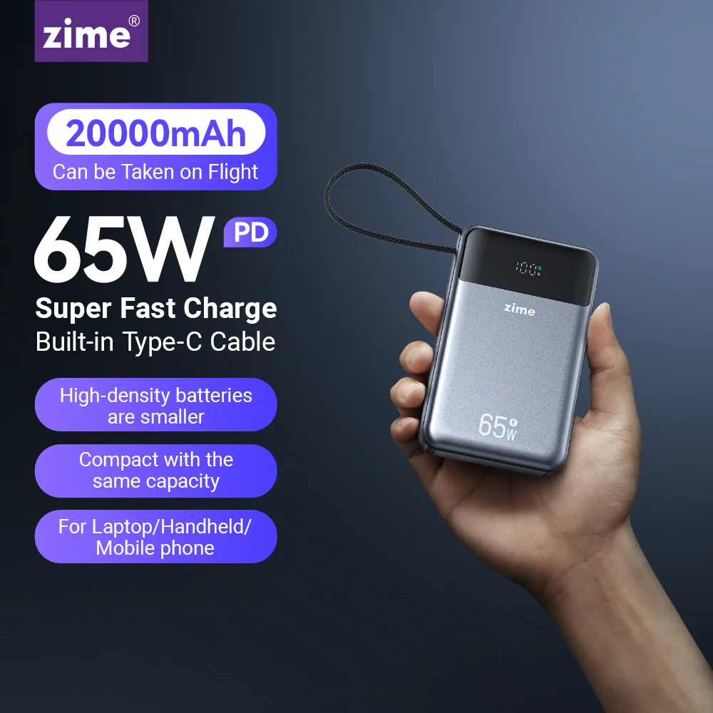 Фото zime 65 Вт Power Bank 20000 мАч Быстрая зарядка со встроенным выдвижным кабелем Type-C для ноутбуков Портативный планшет iPhone №1