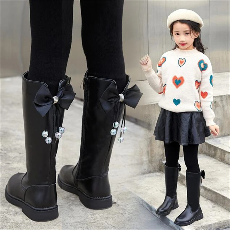 

New Children High Boots Girls Princess Fashion Bow Black Performance Student Autumn Winter Short Plush Warm Shoes Kids 019