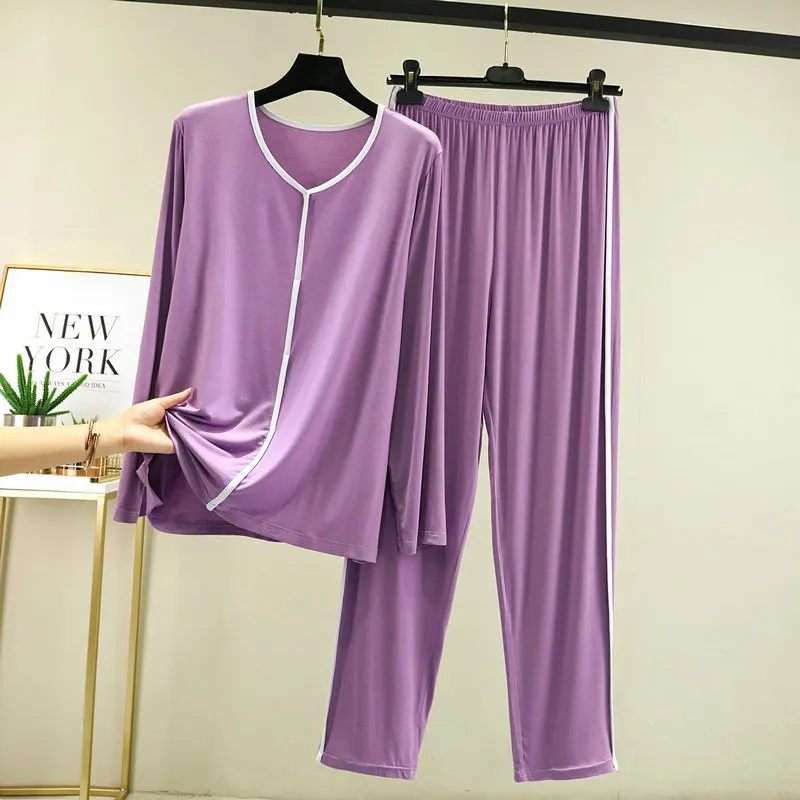 Women's Modal NEW Soft Pajamas Casual Sleepwear Set Women Pajama Set Full Sleeves Fashion Stripe V-Neck Shirt Pant Homewear