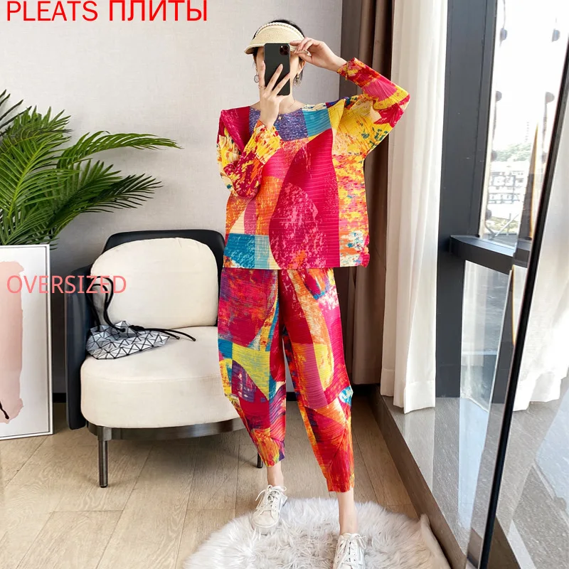 

Miyake Pleated Suit Spring/summer New Loose Printed Long-sleeve Top + Large Size High-waisted Pants PLEATS Ensemble Femme