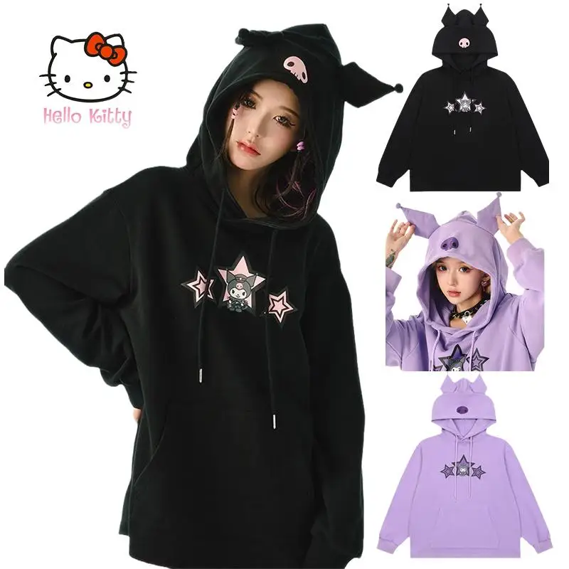 

Kawaii Sanrio Маленький Дьявол Kuromi свитер с капюшоном мультфильм Девушки Осень Зима Тонкий Повседневный Свободный Топ с длинным рукавом Свитшот