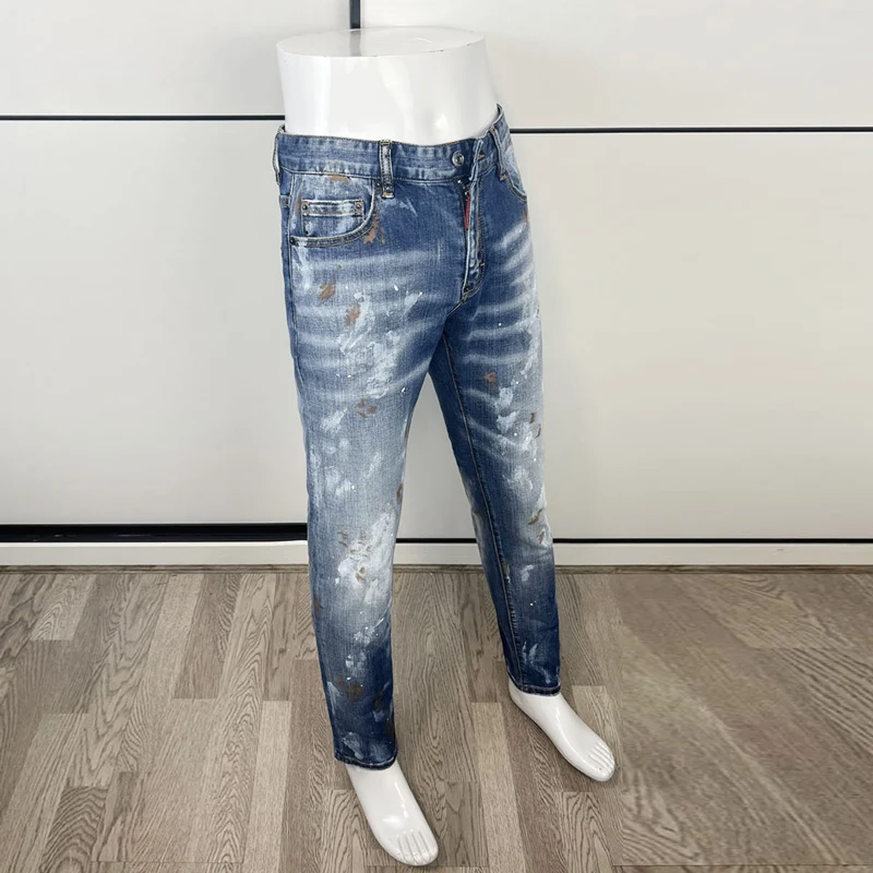 High Street Fashion Men Jeans Retro Blue Dirty Washed Elastic Slim Ripped Jeans Men Painted Designer Hip Hop Brand Pants Hombre