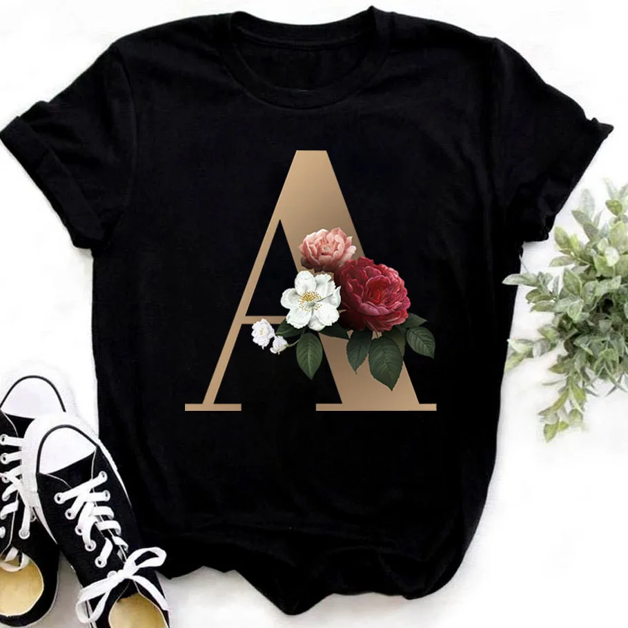 Custom Name Letter Combination Fashion Women T-shirt Flower Letter Font A B C D E F G Short Sleeve Tops Black T-shirt Clothing