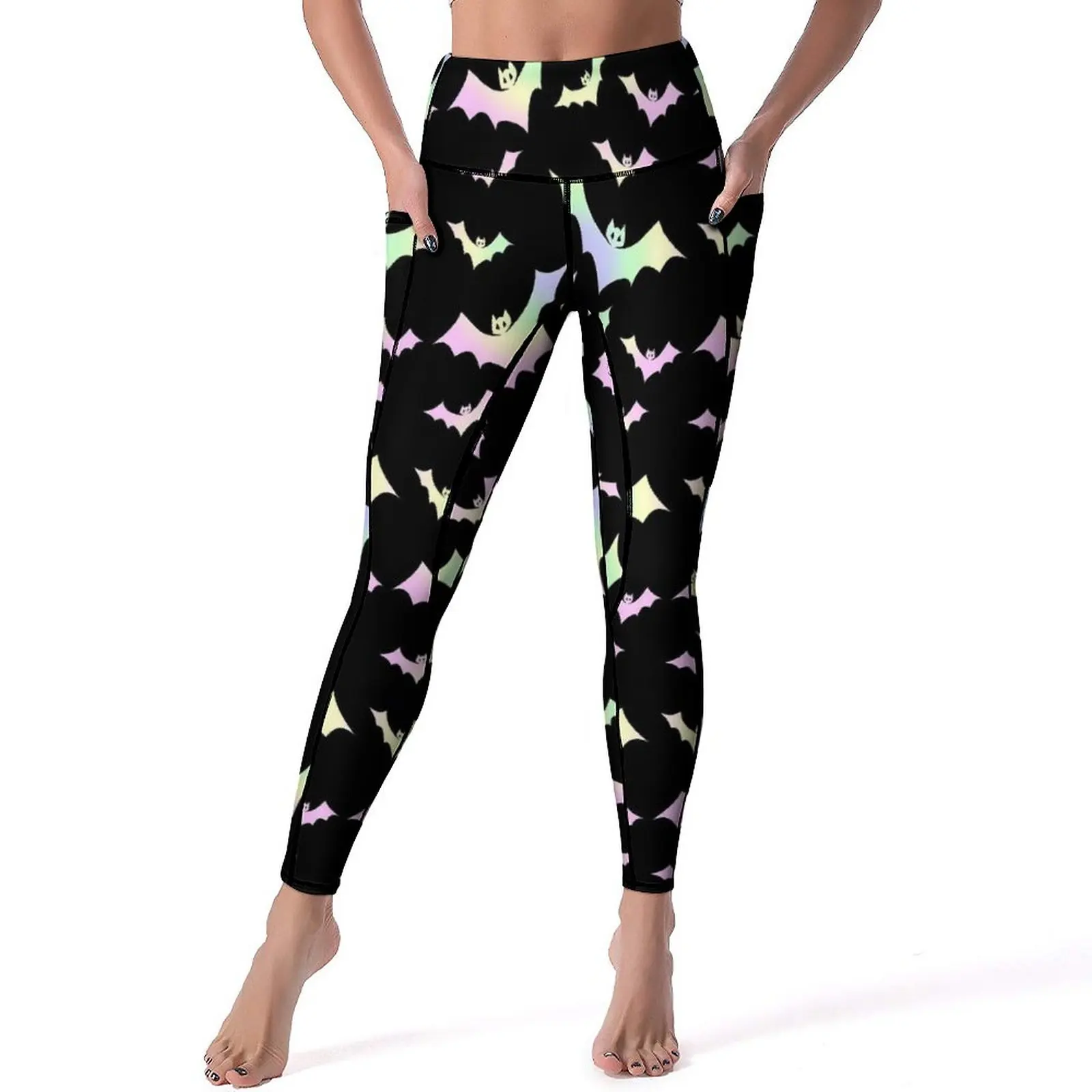 

Goth Vampire Bat Yoga Pants Pockets White Animal Leggings Sexy Push Up Elegant Yoga Sports Tights Stretch Graphic Gym Leggins