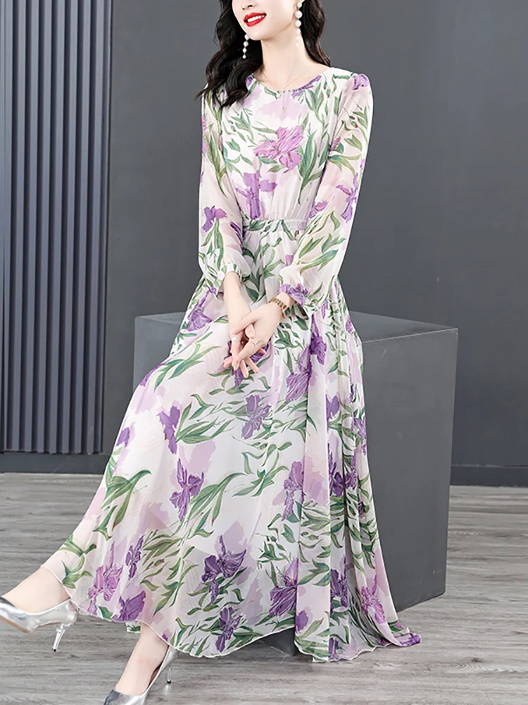 

Women Purple Floral Chiffon Long Sleeve Maxi Dress Autumn Boho Fashion Light Beach Dress 2023 Korean Elegant Bodycon Party Dress