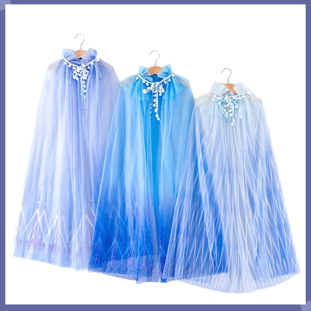 

Girls Snow Queen Cosplay Cape Summer Blue Laceing Ruffled Mesh Cape Childs Summer Princess Cloak Crown Halloween Elza Dress Up