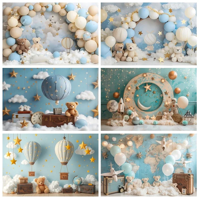 Hot Air Balloons Bear Baby Shower Photography Background Boys Girls Birthday Cake Smash Party Decor Photoshoot Props