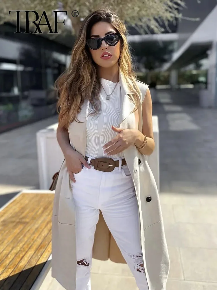

TRAF Long Vests For Women 2023 New Fashion Double Breasted Vest Coats Vintage Sleeveless With Belt Woman Waistcoat Tops